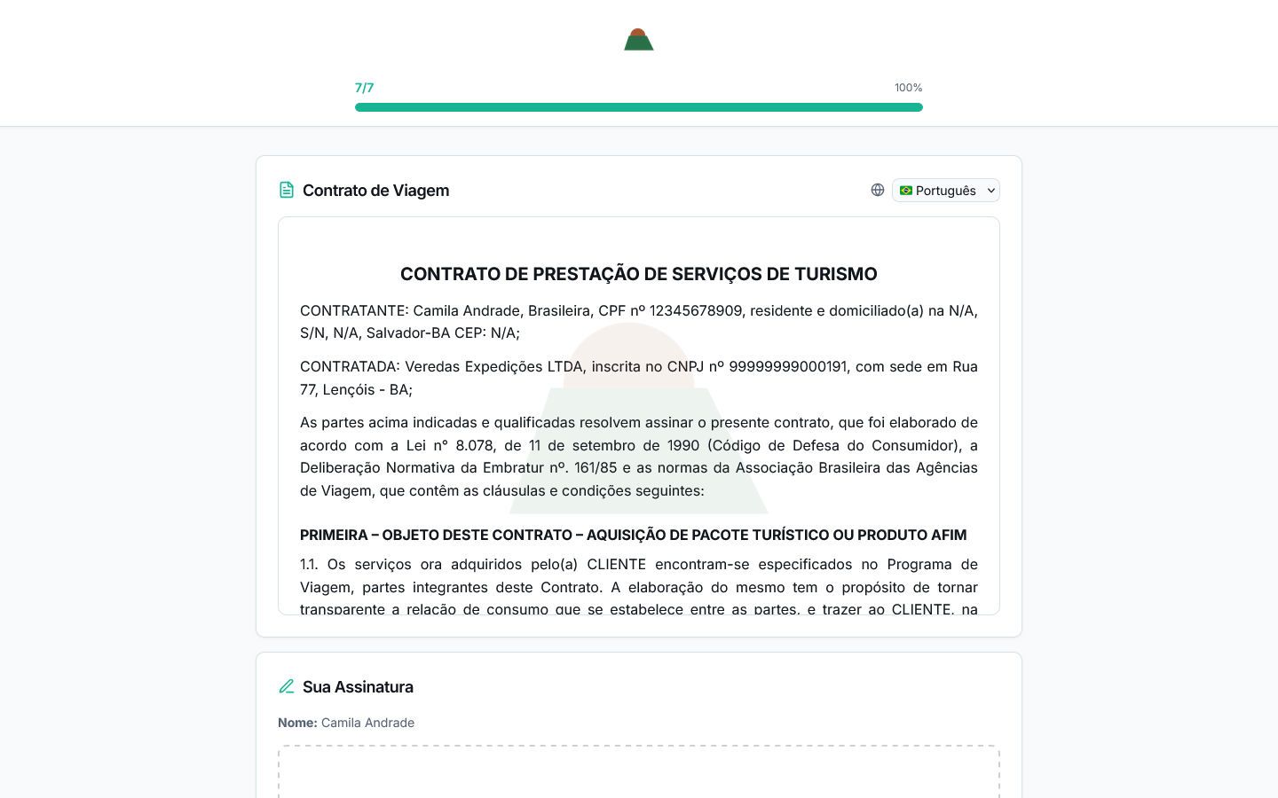 Contrato de prestação de serviços de turismo aberto no navegador, com as partes qualificadas e a etapa concluída em 100%.